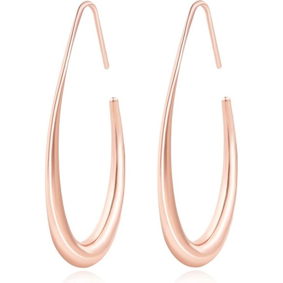 Rose gold Polished Lightweight Teardrop Large Oval Pull Hoop Earrings for Women - Picture 1 of 6